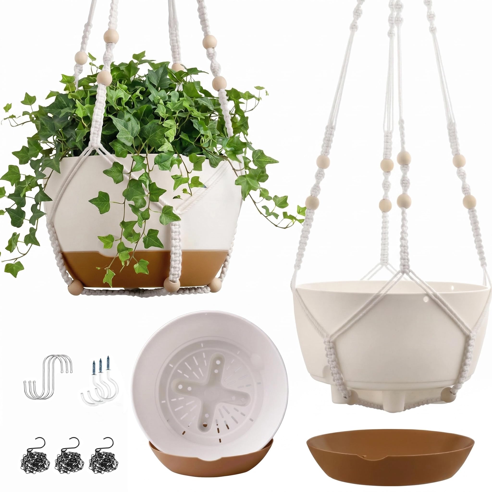FUSHITON Pack de 3 Maceteros Colgantes para Interior y Exterior, Macetas Autorriego 24+24+20,5 cm Reforzadas con 2 Tipos de Ganchos y Platillo Extraíble - Blanco