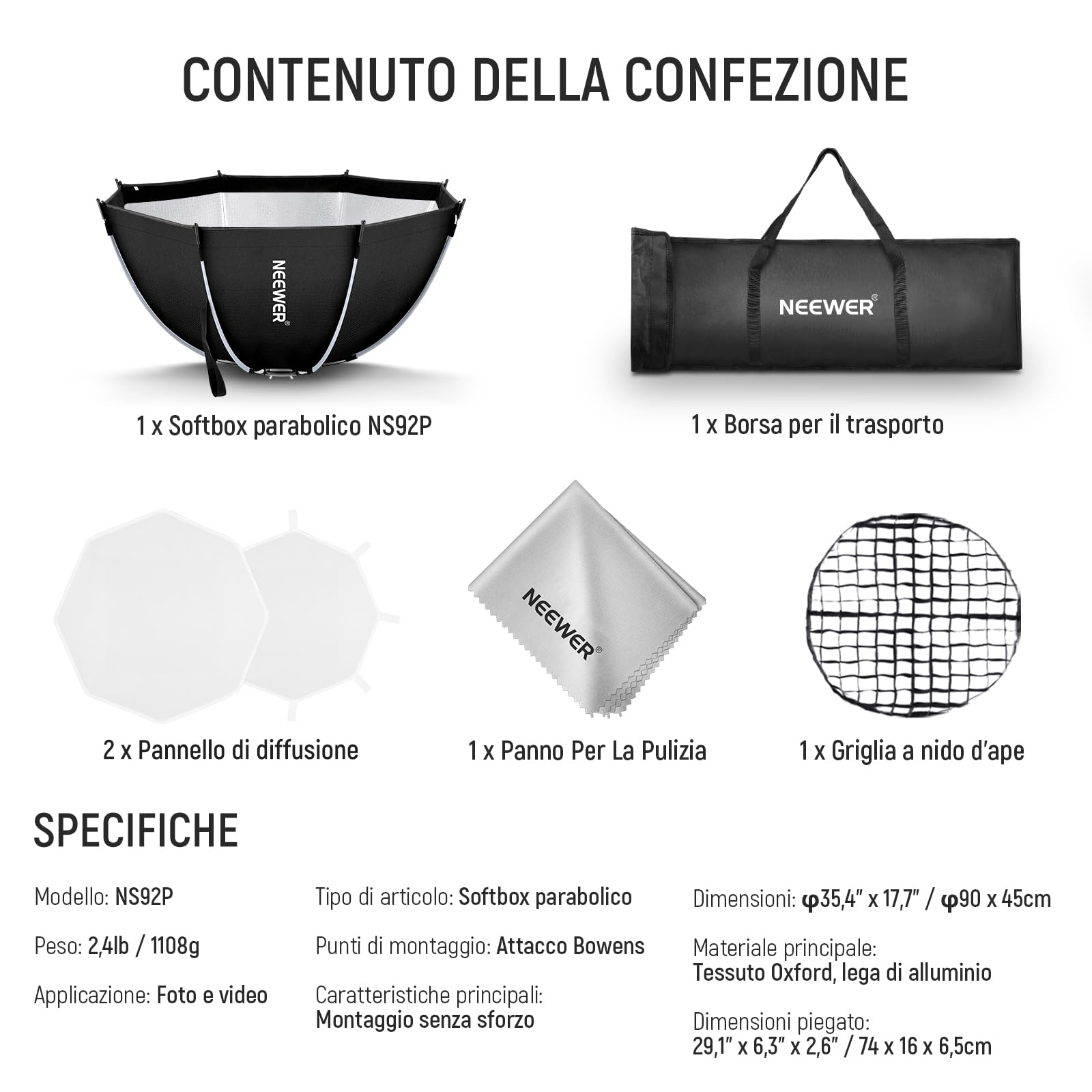 NEEWER Softbox Parabolico Ottagonale da 90cm, Soft Box Bowens Compatibile con Aputure 120d Compatibile con Godox SL60w Q4 AS600B CB300B Q300 Luce, Diffusori, Griglia, Borsa e Panno da Pulizia, NS92P