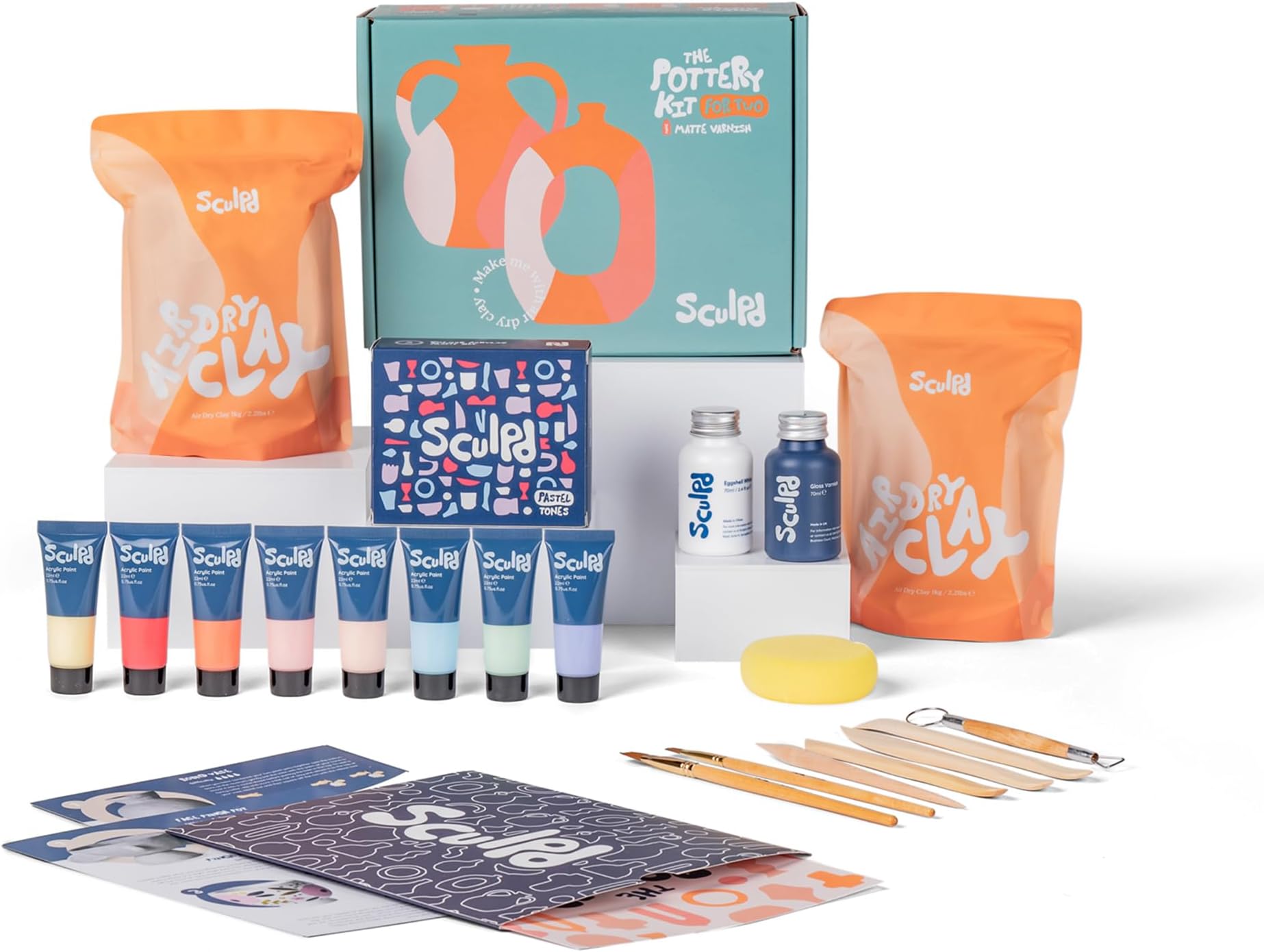 Sculpd Pottery Kit, Air Dry Clay Starter Kit for Beginners with Paint Set, Starter Bundles Includes a Pottery Tool Set, 8 Paints, Waterproof Varnish, Paintbrushes & Step-by-Step Guide for Adults