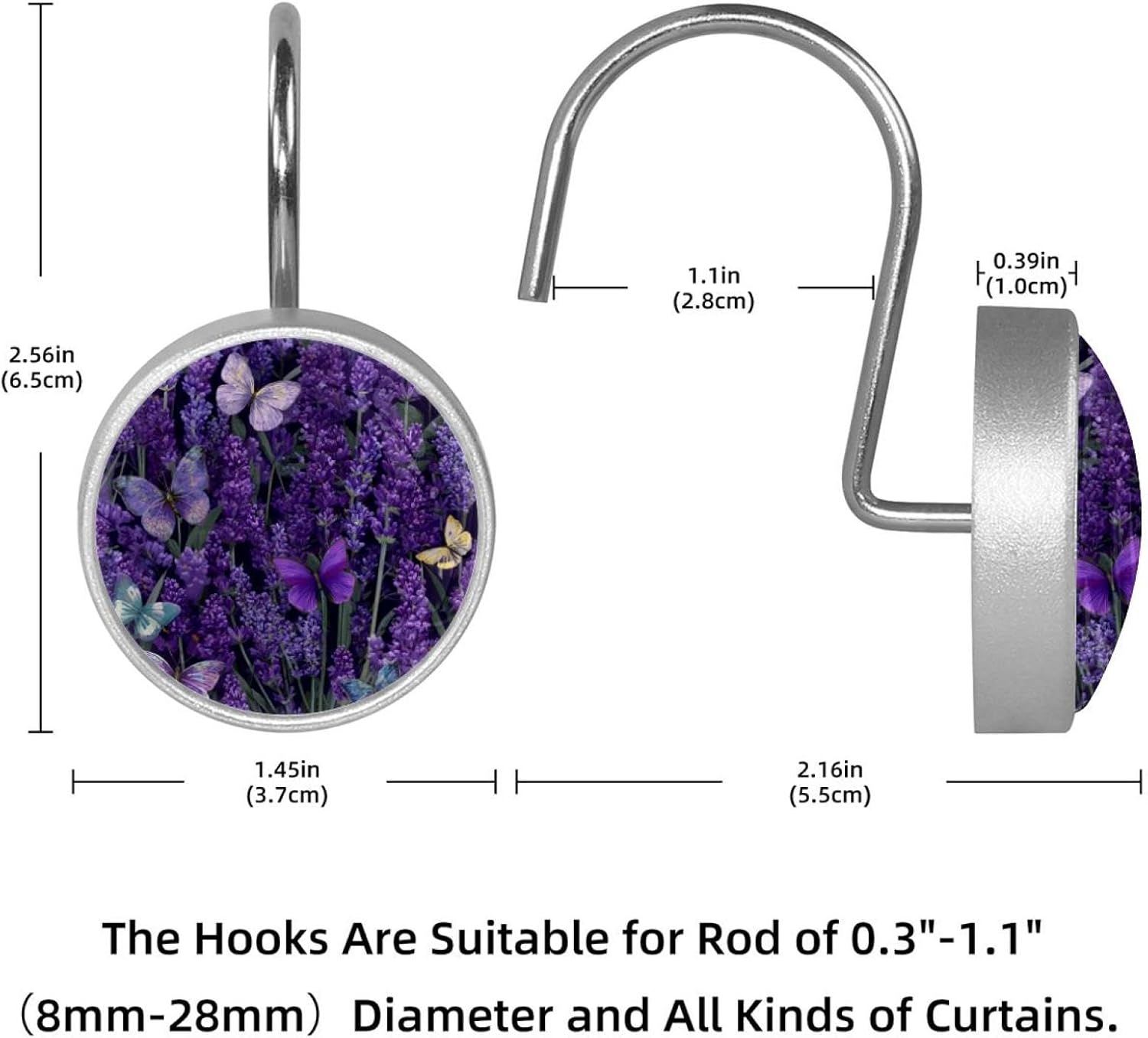 12PCS Lavender Butterfly Flowers Purple Floral (3) Shower Curtain Hooks Rings for Bathroom, Decorative Shower Curtain Hooks Rods Curtains and Liner