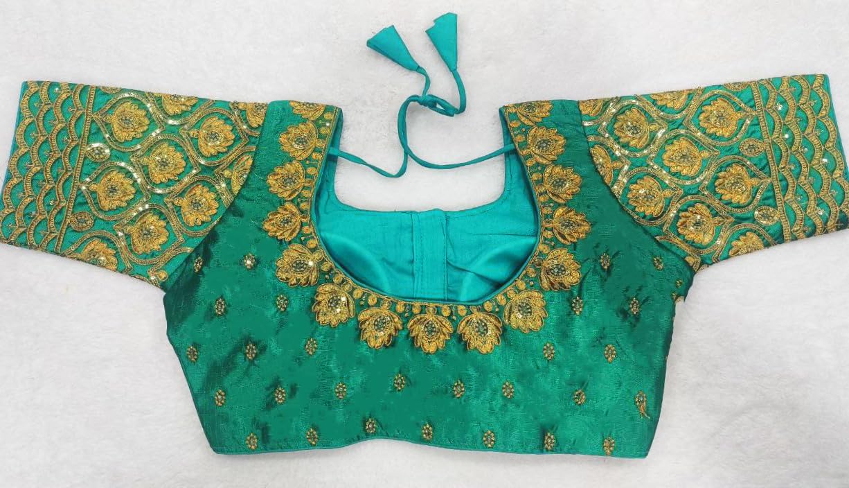Pujia Mills Women's Phantom Silk Golden Jari Embroidery With Codding Sequin Work Blouse Heavy Sequence Work Blouses Half Sleeve Rama Color Blouse