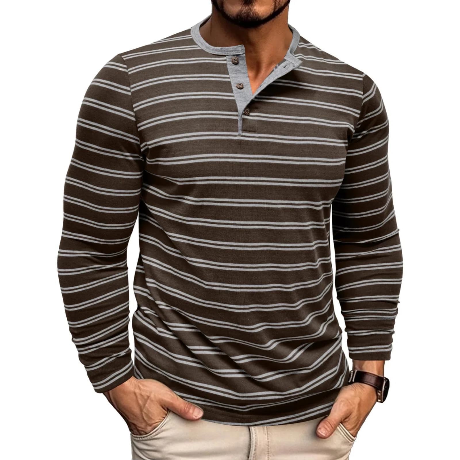 MakingDa Camisetas Henley de manga larga para hombre, con botones, a rayas, atléticas, ajustadas, para entrenamiento, gimnasio, ligeras, informales, clásicas, suaves, transpirables, para correr