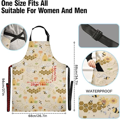 Miniatura 3 de Delantales de abejas para mujeres y hombres con bolsillos, delantal de cocina impermeable, delantal de cocina ajustable para mujeres y hombres, chef