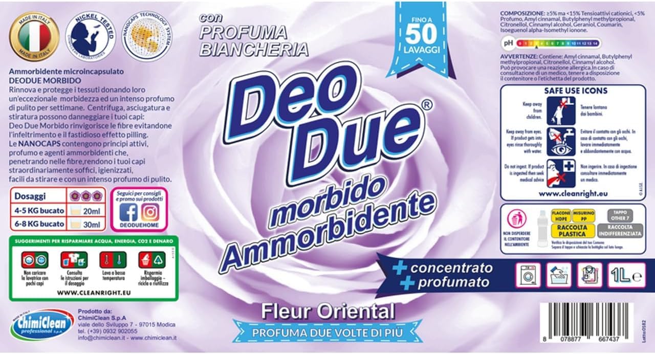 Deo Due Ammorbidente Concentrato Fleur Oriental, ammorbidente concentrato, ideale per tutti i vestiti, 50 lavaggi da 1 l, + portachiavi Italy Shop Service in omaggio, 12 pezzi