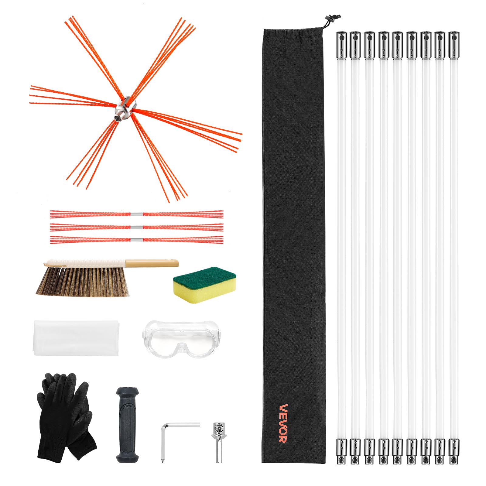 VEVOR Kit de Ramonage 9m Brosse Cheminée Extensible Poils Rechange Tiges Nylon