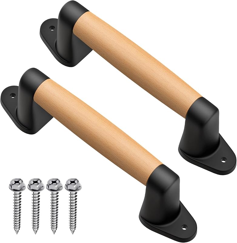 SELEWARE 2 Pcs 9'' Barn Door Pull Handle Wood Handle for Sliding Door Sheds | Solid Beech Wood Grab Handle with Plastic Brackets for Fence Gate, Closet, Indoor Handrail, Playground Safety Handles