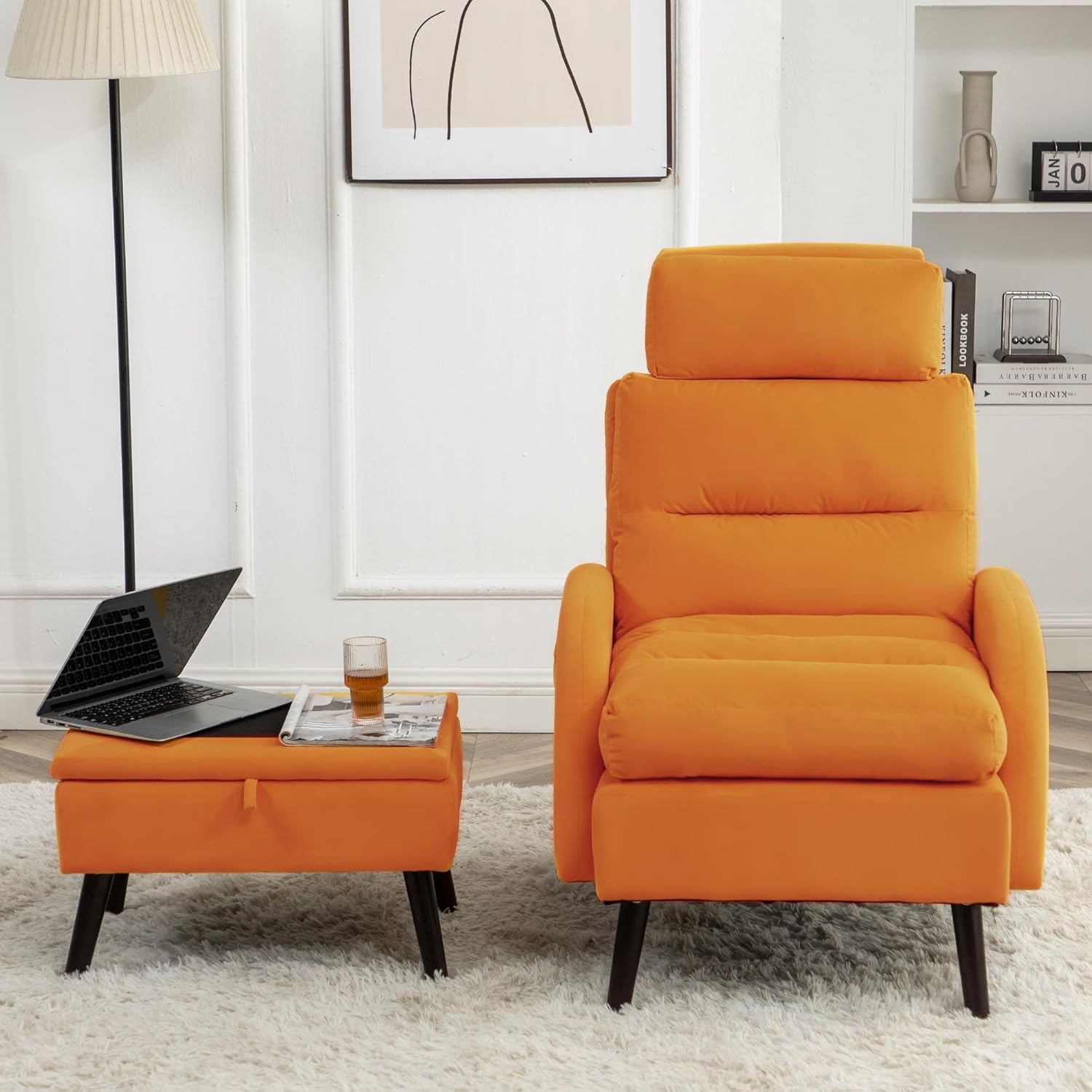Accent Chair with Ottoman, Velvet Reclining Armchair with Adjustable Backrest, Comfy Loung Chair with Side Pocket for Living Room Bedroom Reading Room, Orange