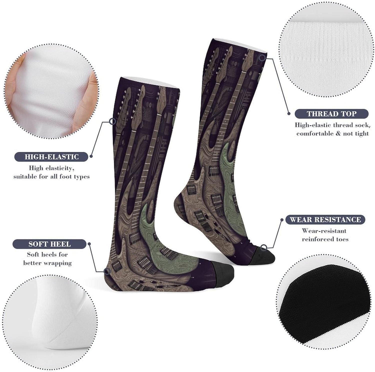 Guitar Pattern Compression Sock Circulation Support Socks Lightweight Knee High Tube Sock Over-The-Calf Sock for Adult