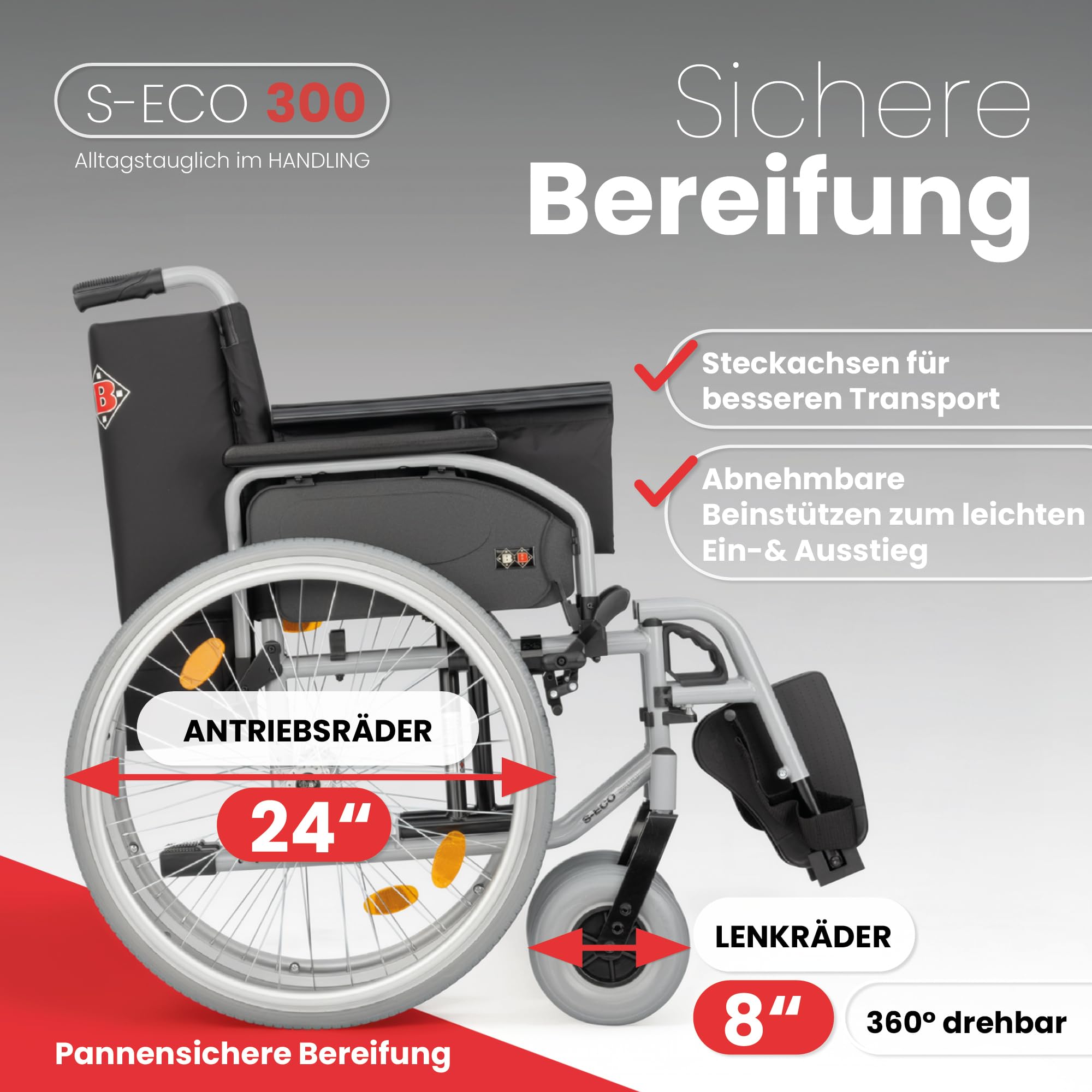 Bischoff & Bischoff® S-Eco 300 Fauteuil roulant pliable léger - Hauteur d'assise réglable - Fauteuil roulant de voyage pliable avec fourche en métal - Accoudoirs Duo (largeur d'assise 52 cm)