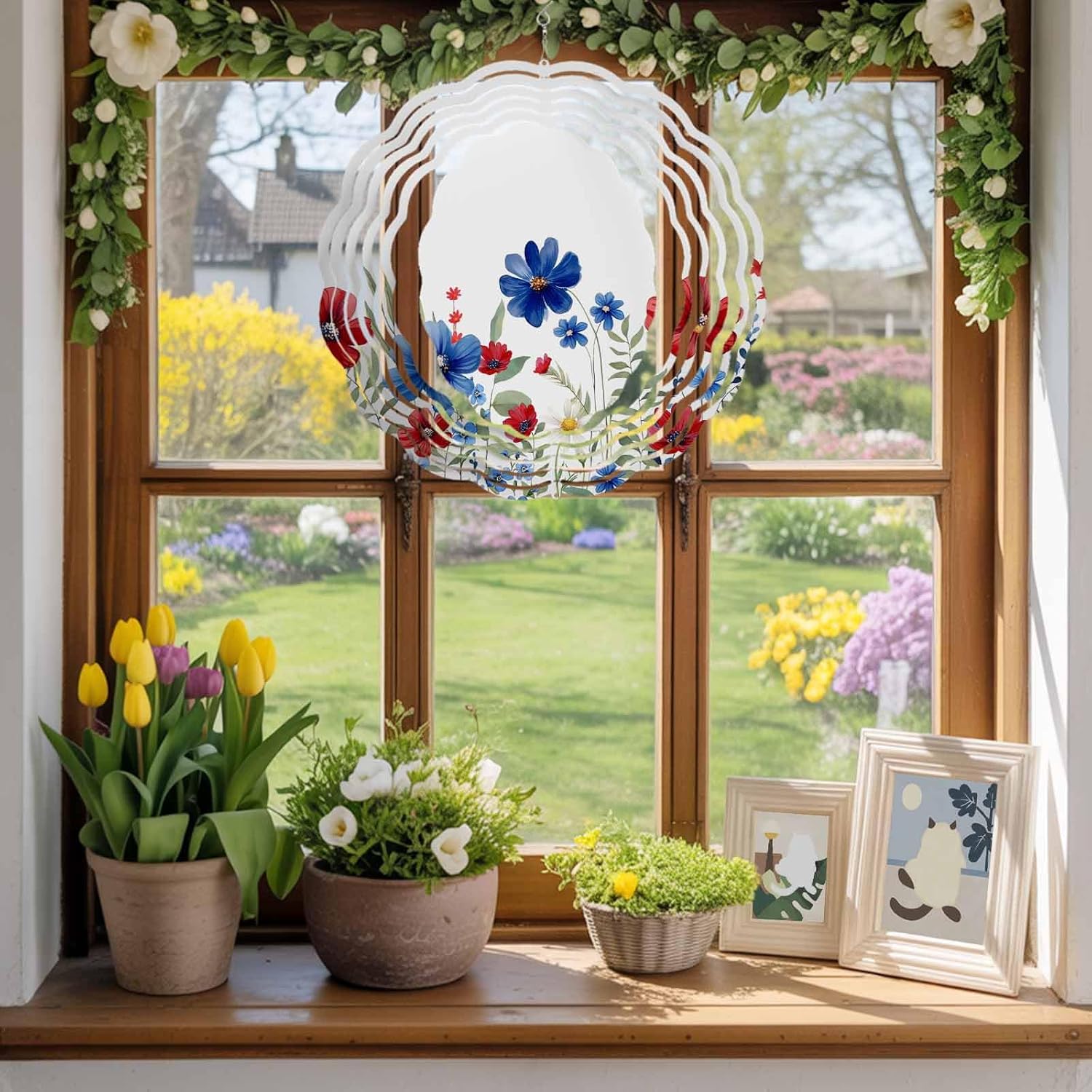 Independence Day Red Blue Flowers Wind Spinner for Garden Yard 3D Stainless Steel Hanging Wind Spinners, Patriotic Plants Spinners Outdoor Metal Decor for Lawn Patio Home