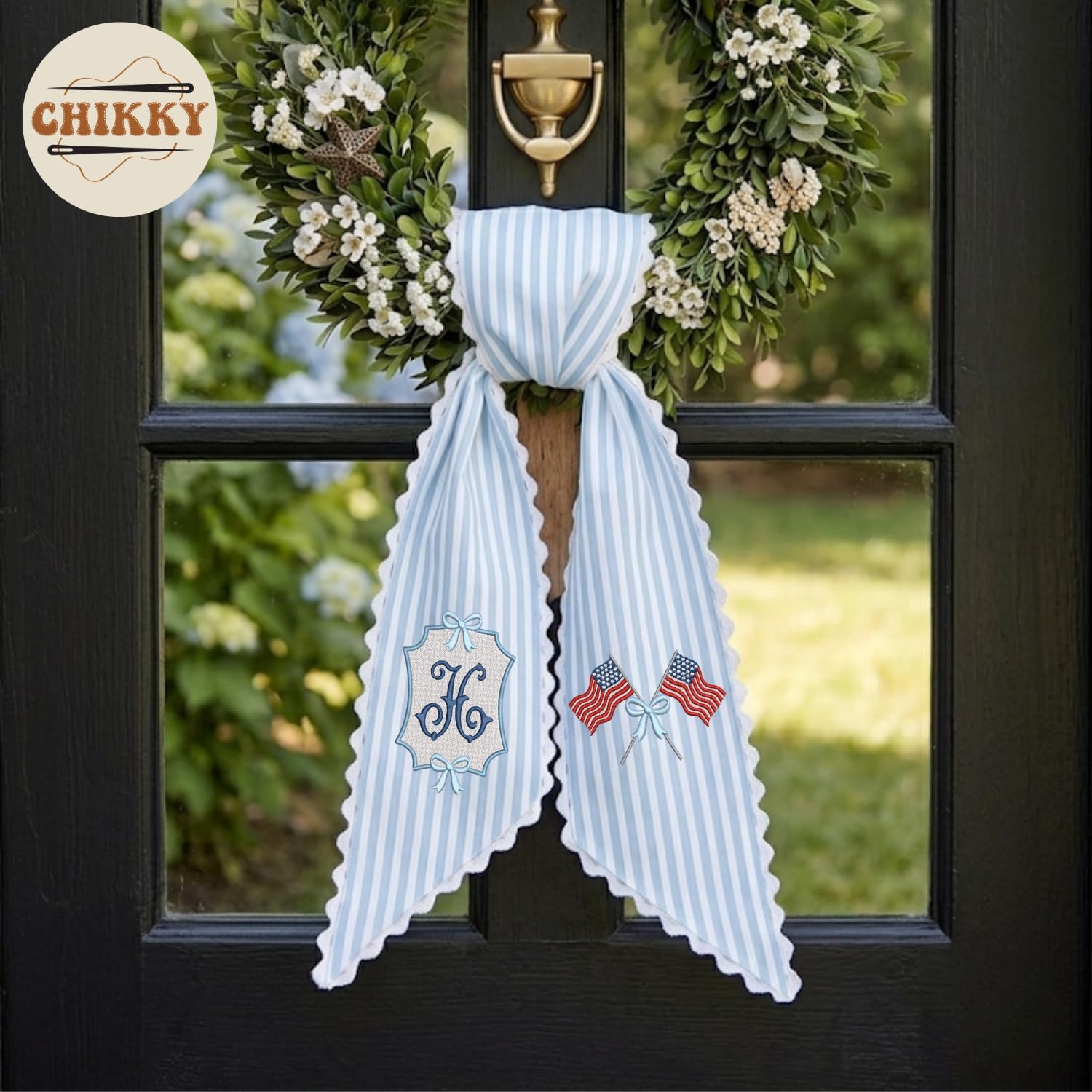 Monogram Wreath Sash Bow for Front Door, Embroidered Ribbon with Adjustable Bow Knot Farmhouse Door Wreath Decor, Patriotic 4th of July Sash for Holiday Memorial Day (01 - American Flag)