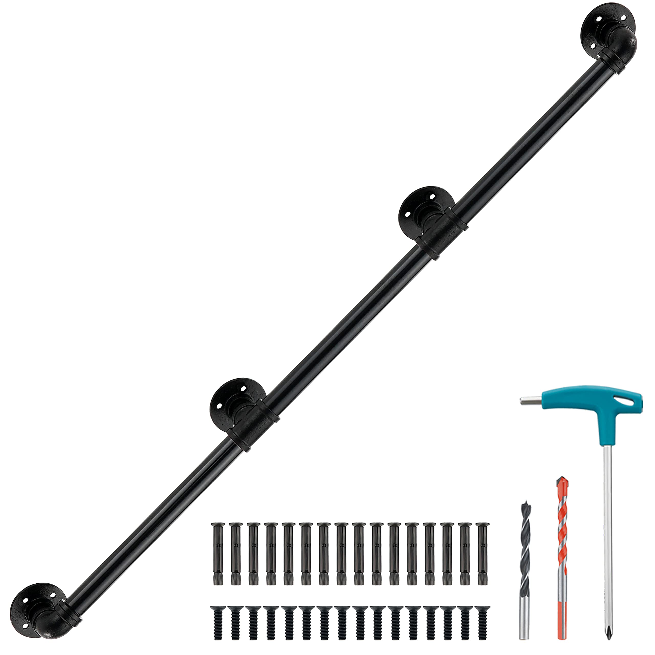 8FT Industrial Pipe Stair Railing, Glossy Black Staircase Metal Hand Rail, Handrails for Indoor & Outdoor Stairs