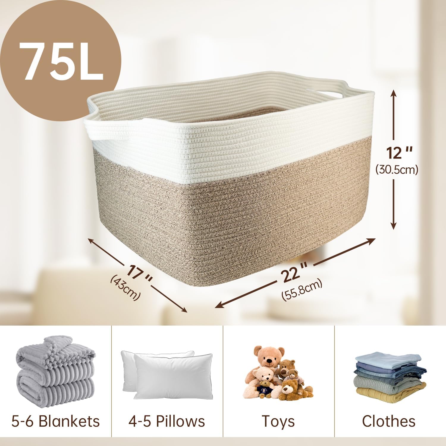 75L Large Cotton Rope Basket 22" x 17" x 12",Large Blanket Basket with Handle,woven baskets for storage,Storage Baskets for Organizing