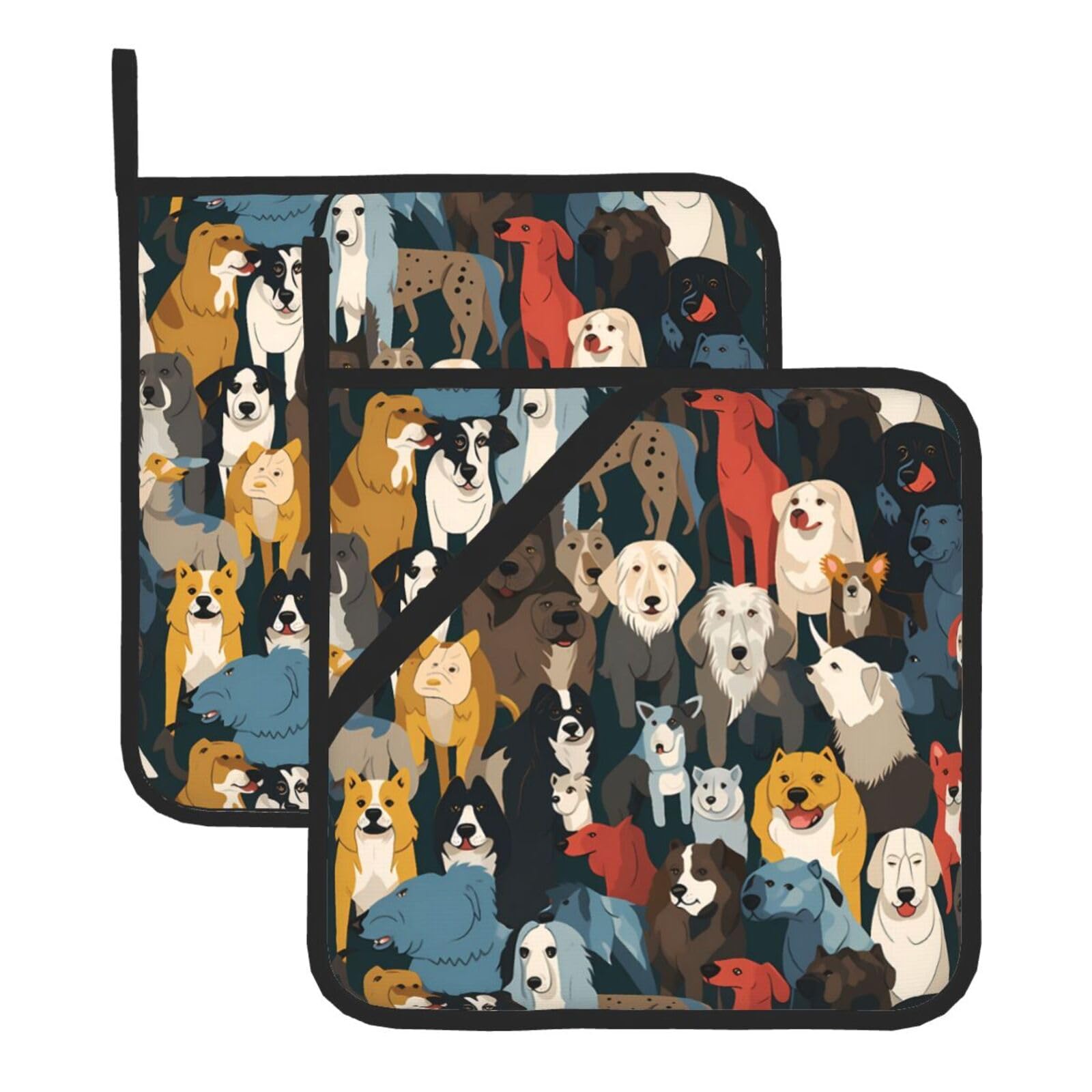 HJFCZH Many Dogs Printed Square Insulated Pot Mat Set (2-Piece) 8x8in Waterproof, Thickened & Easy to Clean with Lanyard Design for Kitchen, Oven & BBQ