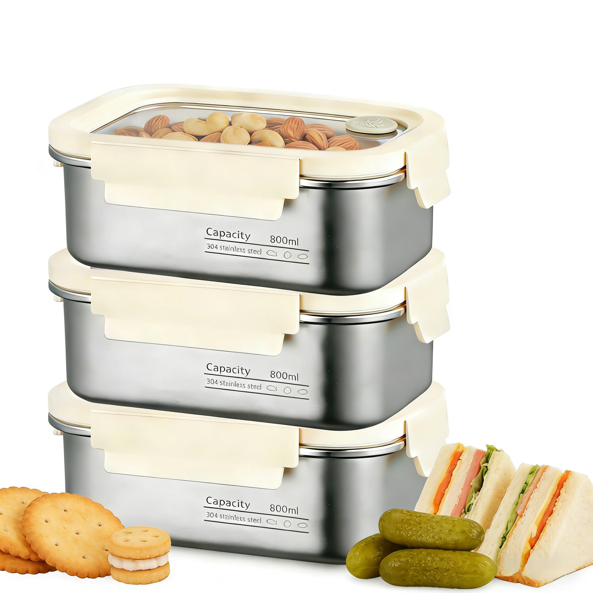 BYZESTY Zestaw 3 Hermetycznych Pudełek ze Stali Nierdzewnej, 800 ml - Pudełka na Żywność ze Stali Nierdzewnej z Pokrywką, Hermetyczne Pojemniki do Przechowywania