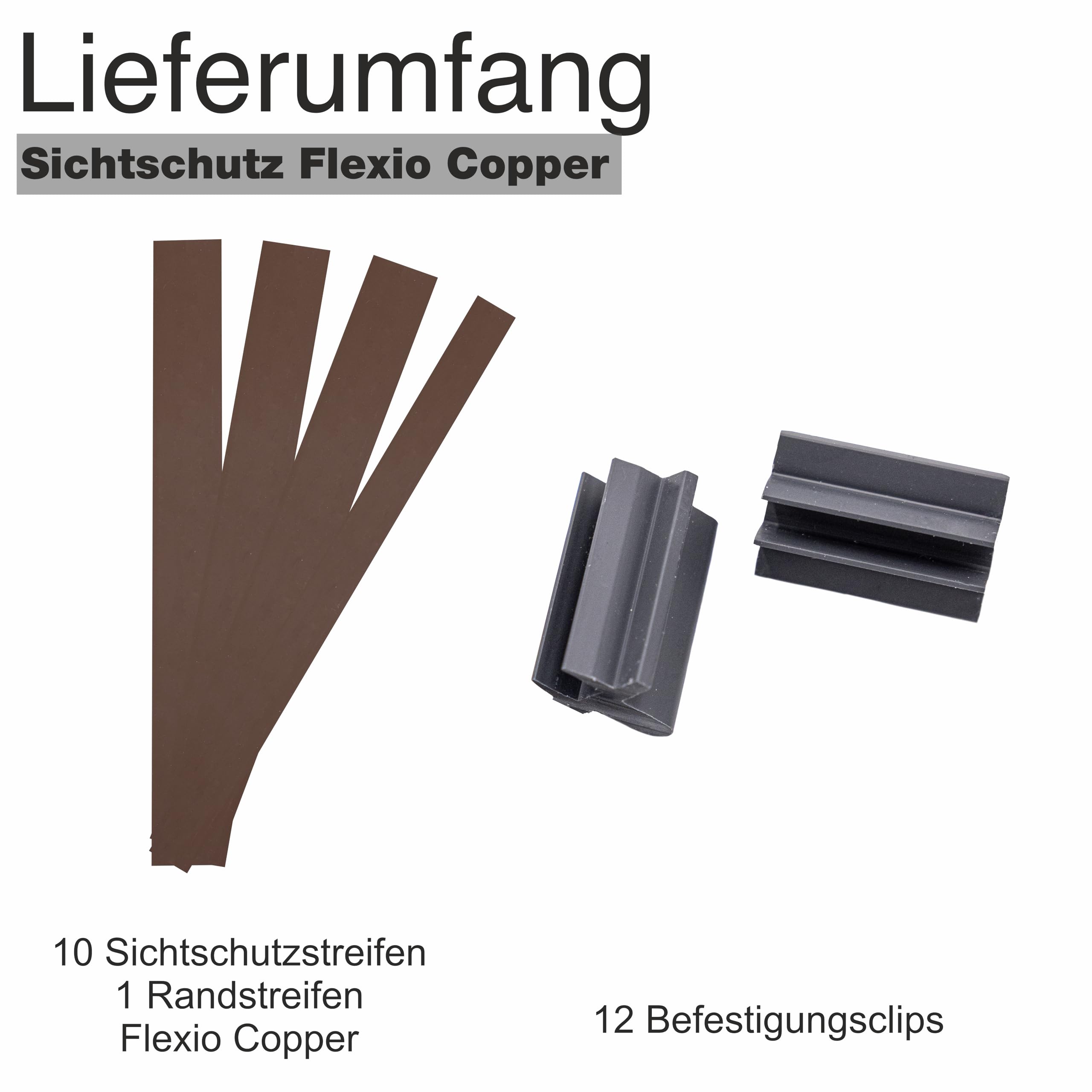 wodewa FLEXIO Sichtschutz Copper 1630mm | vertikale Kunststoff Sichtschutzstreifen für Doppelstabmattenzaun | 11 Streifen + 12 Clips Bautyp 6/5/6 und 8/6/8 | Wetterfest | Made in Germany