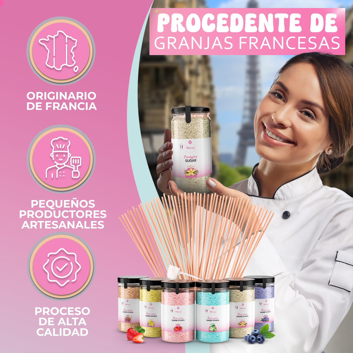 Misskandy® Kit de azúcar de algodón de 6 sabores, 72 porciones - Incluye 50 palitos para máquina de algodón de azúcar - Los sabores incluyen cola, vainilla, fresa, arándano, limón y manzana
