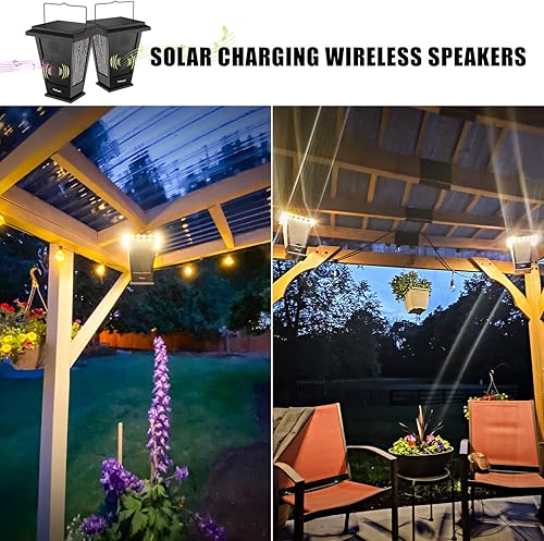 Miniatura 4 de pohopa Altavoces Bluetooth impermeables, alimentados por energía solar, 2 paquetes de sonido estéreo inalámbrico verdadero de 20 W, linterna de
