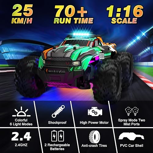 Miniatura 4 de BLUEJAY Auto a control remoto, 116 todo terreno de alta velocidad RC camión para niños, camión Monster RC recargable con luces LED geniales y
