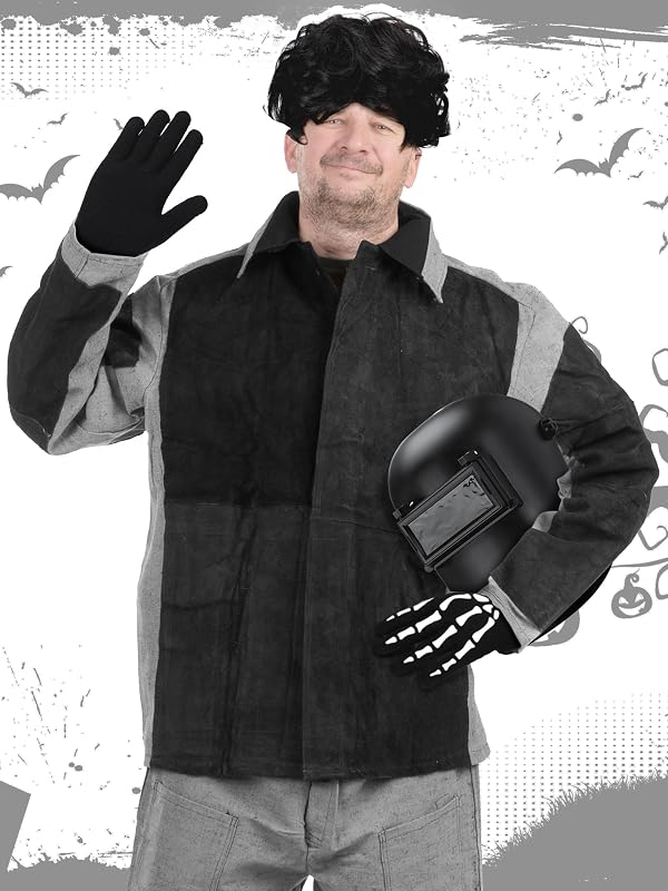 Hungdao 4 Pcs Halloween Cosplay Men Short Curly Black Wig with Bang Welding Helmet Thickened Glowing Skeleton Gloves Body Paint for Halloween Costume Accessories by Hungdao - Image 11