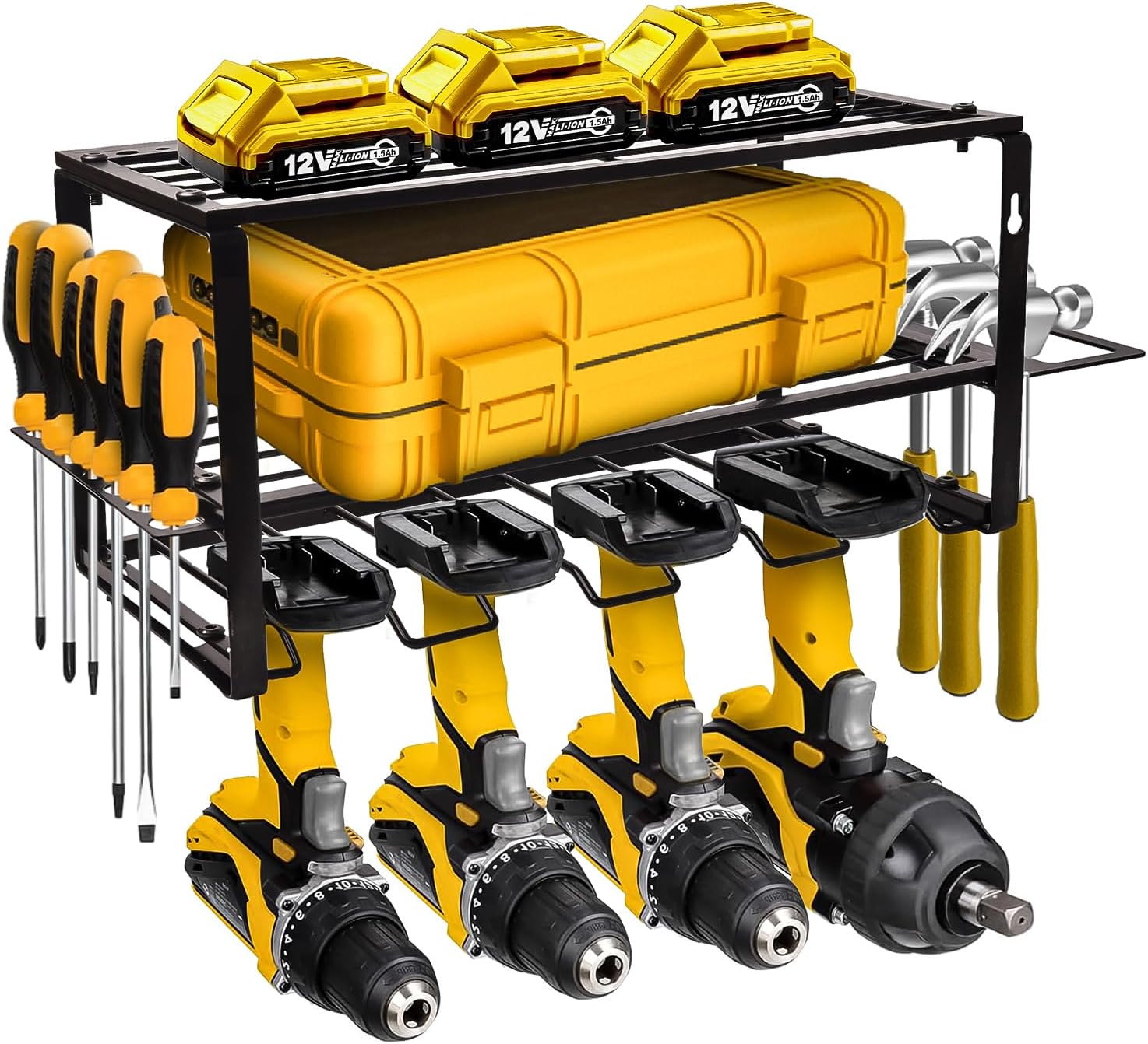 Power Tool Organizer, Alloy Steel Tool Storage Rack, Wall Mounted, 3 Layer Floating Shelf, 4 Drill Slots, Black