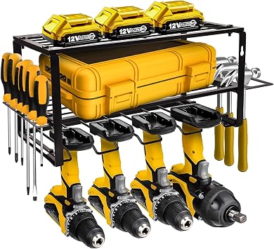 Power Tool Organizer, Alloy Steel Tool Storage Rack, Wall Mounted, 3 Layer Floating Shelf, 4 Drill Slots, Black