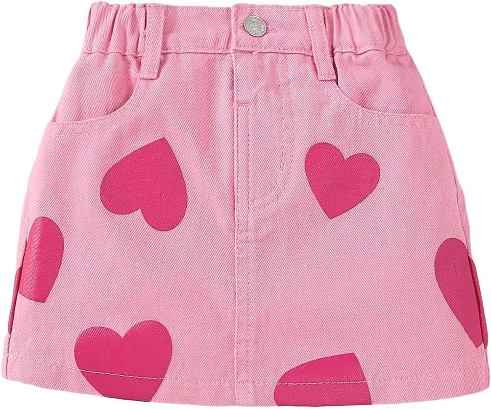 Falda de mezclilla corta con estampado de corazón para niña, cintura alta, corte regular, informal