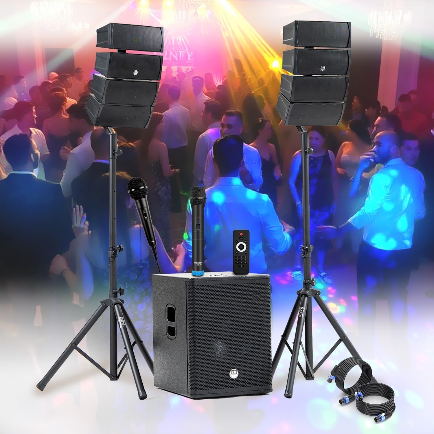 Sono DJ 1200 W BM Bmsonic 2 Satellitenlautsprecher enorme SUB 38 cm USB/Bluetooth, 2 Mikrofone, Animation, Hochzeit, Taufe, Abend