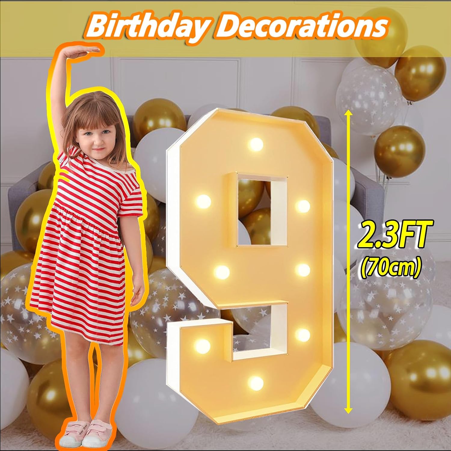 2.3Ft/70cm Tall Light Up Numbers 9 9th Birthday Decoration Pre-cut Frame Foam Cardboard Kit Large Mosaic Numbers for Party Decor Wedding Baby Shower
