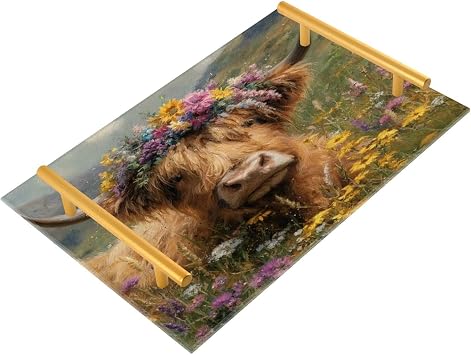 Highland Cow with A Floral Crown Bathroom Tray Vanity Trays Decorative Acrylic Trays Countertop Organizer Perfume Makeup Jewelry Tray for Home Kitchen