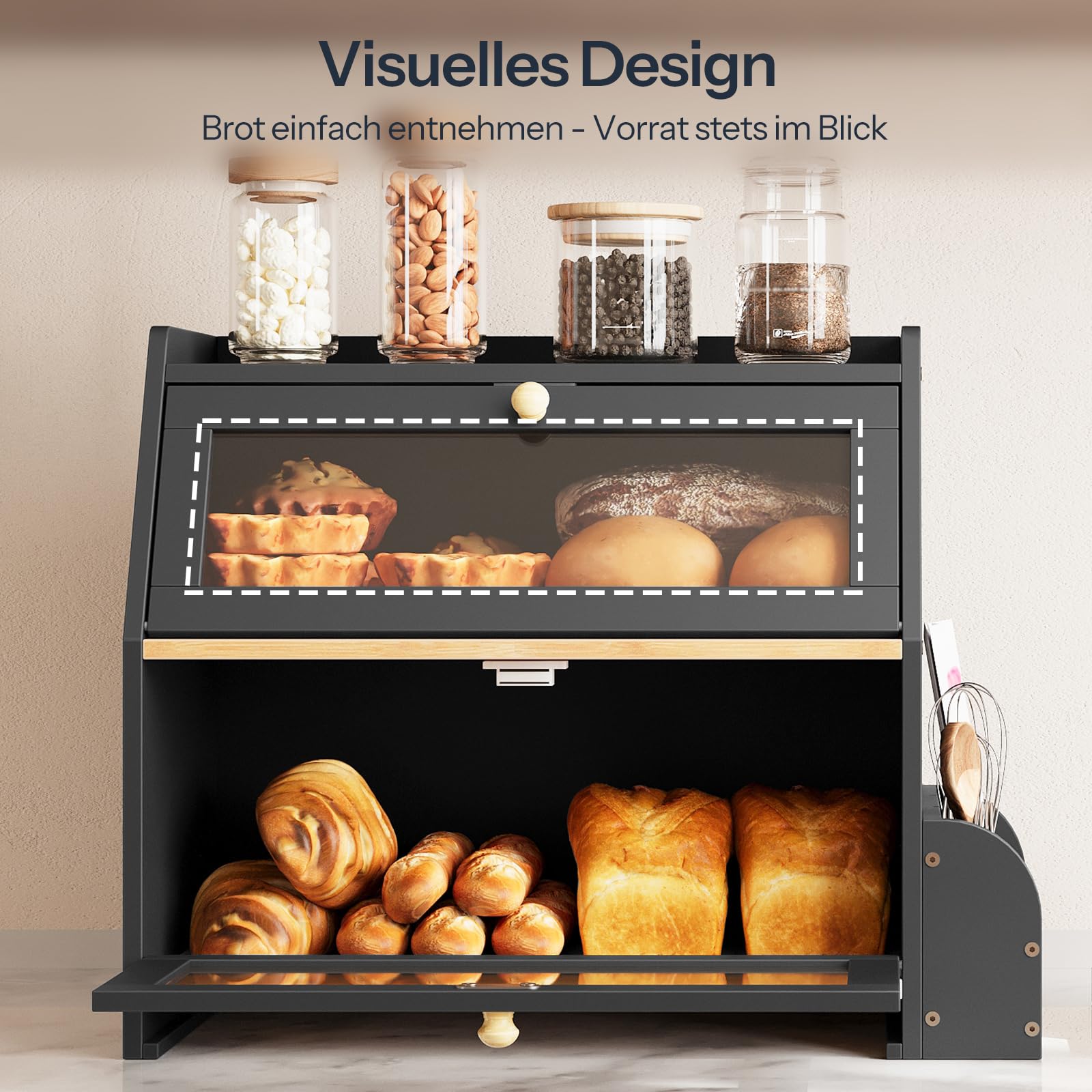 HOOBRO 2-stöckiger Brotkasten Bambus mit Schneidebrett und Besteckhalter, Brotbox mit Acryltüren, Brotkorb, Brotaufbewahrung, Brotbehälter für Küche und Esszimmer, Schwarz und Natur EBY23MB01