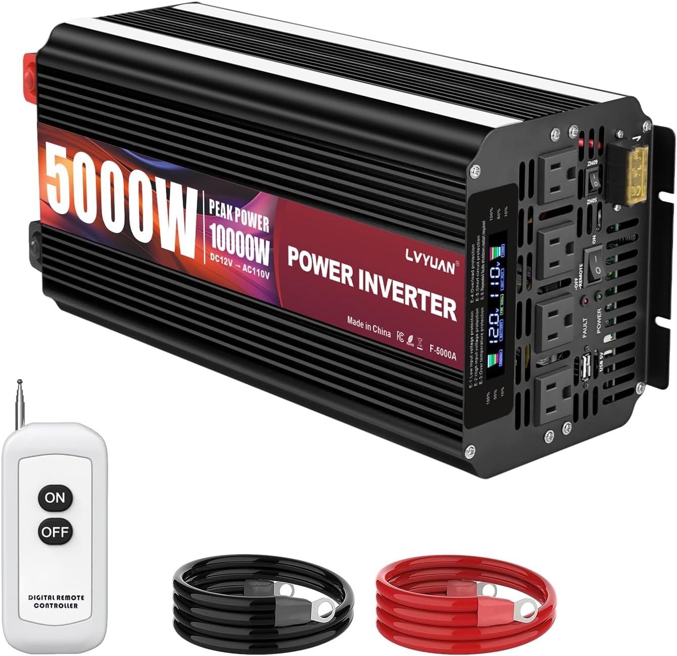 LVYUAN 5000W Heavy Duty Power Inverter 12V to 120V - 4 AC Outlets, LCD Display, Remote Control for RV, Truck, Solar, Off-Grid Camping