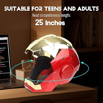 Iron Hero MK5 Gold Motorized Cosplay Helmet, Voice, Touch & Remote Control | LED eyes and synchronized sound effects enhance the 1:1 experience; wearable fit supports head circumferences up to 23.6 in.