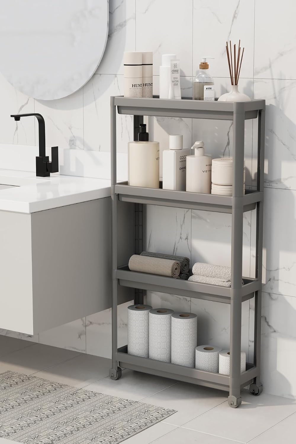 Mithra Life 4 Katlı Tekerlekli Slim İnce Gri Banyo Mutfak Rafı MIT1202