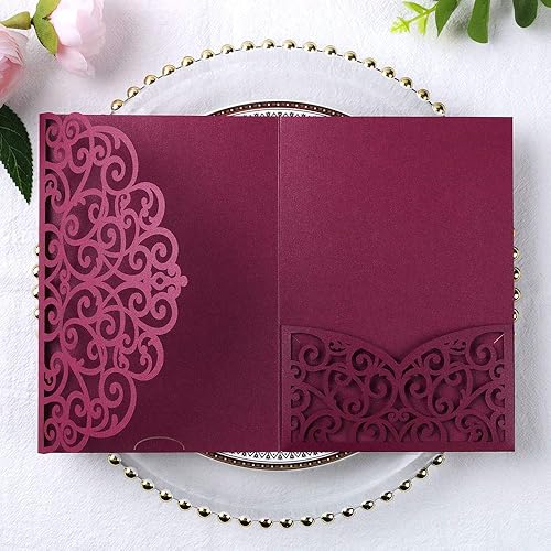 ponatia Bolsillo de invitación de corte láser de 5.12 x 7.2 pulgadas, 20 bolsillos de invitación de boda de triple pliegue de 5 x 7 pulgadas, con