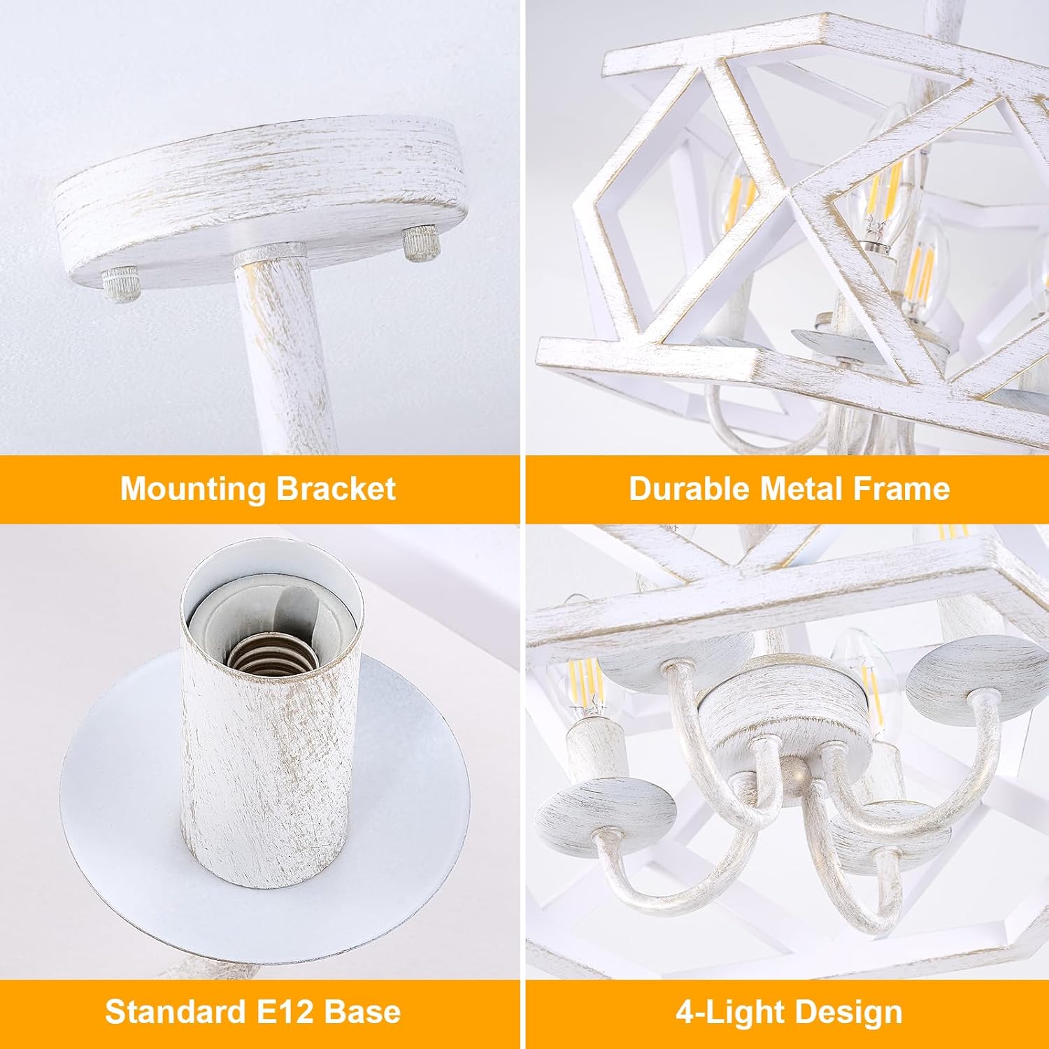 Antique White Semi Flush Mount Ceiling Light, Modern Foyer Lighting Fixture, 4-Light Metal Ceiling Lamp, Small Farmhouse Chandelier for Hallway Entryway Porch Bedroom Kitchen