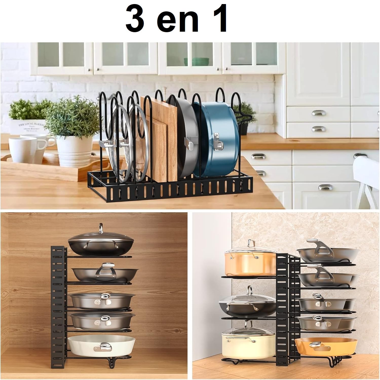 Soporte de Sartenes y Ollas, Estante Organizador de 8 compartimiento Ajustable, con 2 formas de Almacenar Tapas de Ollas, Platos, cacerolas, sartenes 48x38x20.5cm