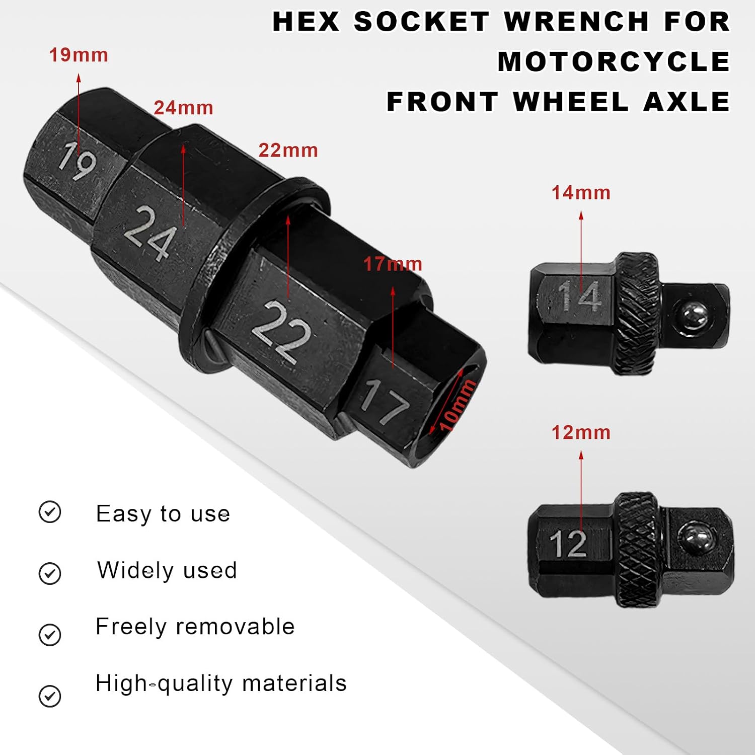 Hex Axle Tool for Motorcycle Front Axle Wheel, 12/14/17/19/22/24mm Hex Axles Adapter Spindle Driver Socket, 3/8" Square Drive Front Wheel Axles Tool for Motorcycle Maintenance