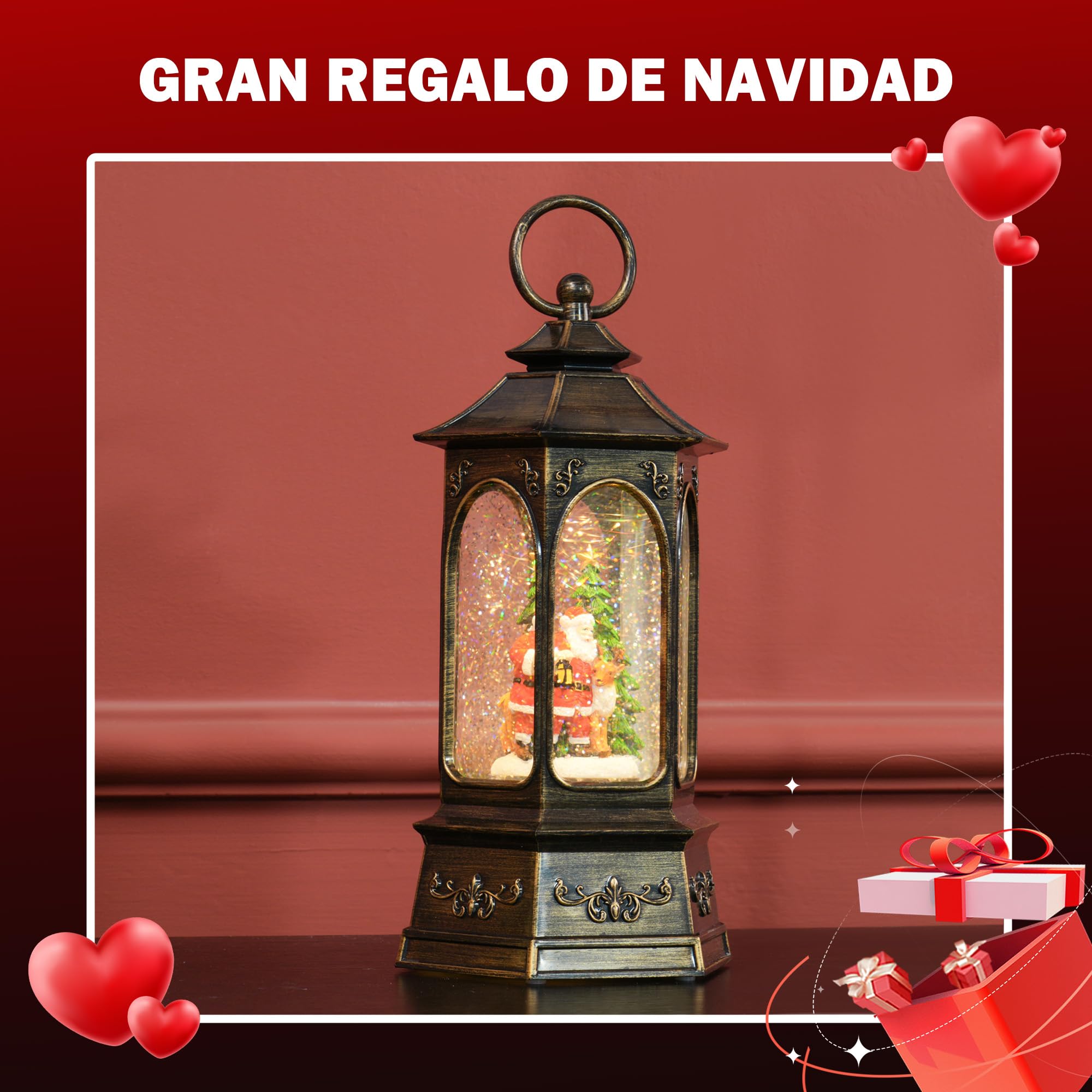 HOMCOM Bola de Nieve Navidad Farol Navidad con Música y Luces Bola de Nieve con Papá Noel Purpurina en Espiral Decoración Navideña para Regalo de Fiesta Bronce