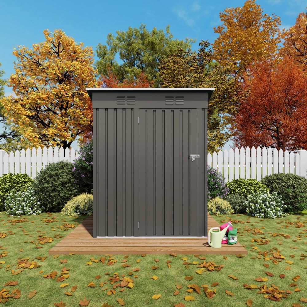 Durable Metal Outdoor Storage Shed with Pitched Roof and Lockable Door for Garden, Backyard, Patio, Tools, Bikes and Household Items (5x3FT+Pitched roof+Gray)