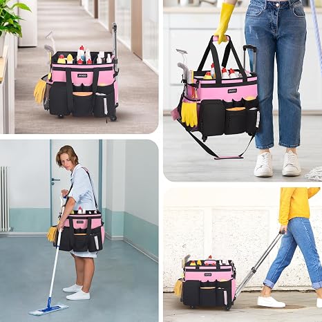 JKAOO Large Wheeled Cleaning Bag with Removable Cart, Waterproof Cleaning Basket on Wheels for Housekeepers, Cleaning Cart for Home, Car, Office, Home