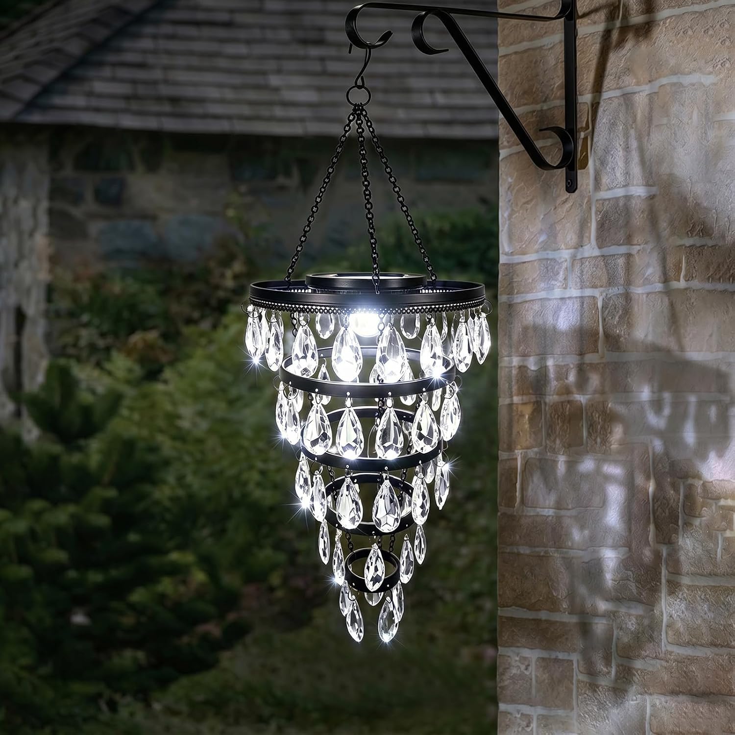 Hanging Solar Chandelier Light Outdoor, Handcrafted Solar Powered Led Tiered Crystal Pendant Lantern, Dacorative Hanging Waterproof Lamp for Patio, Porch, Gazebo Garden & Holiday ambiance 27" High