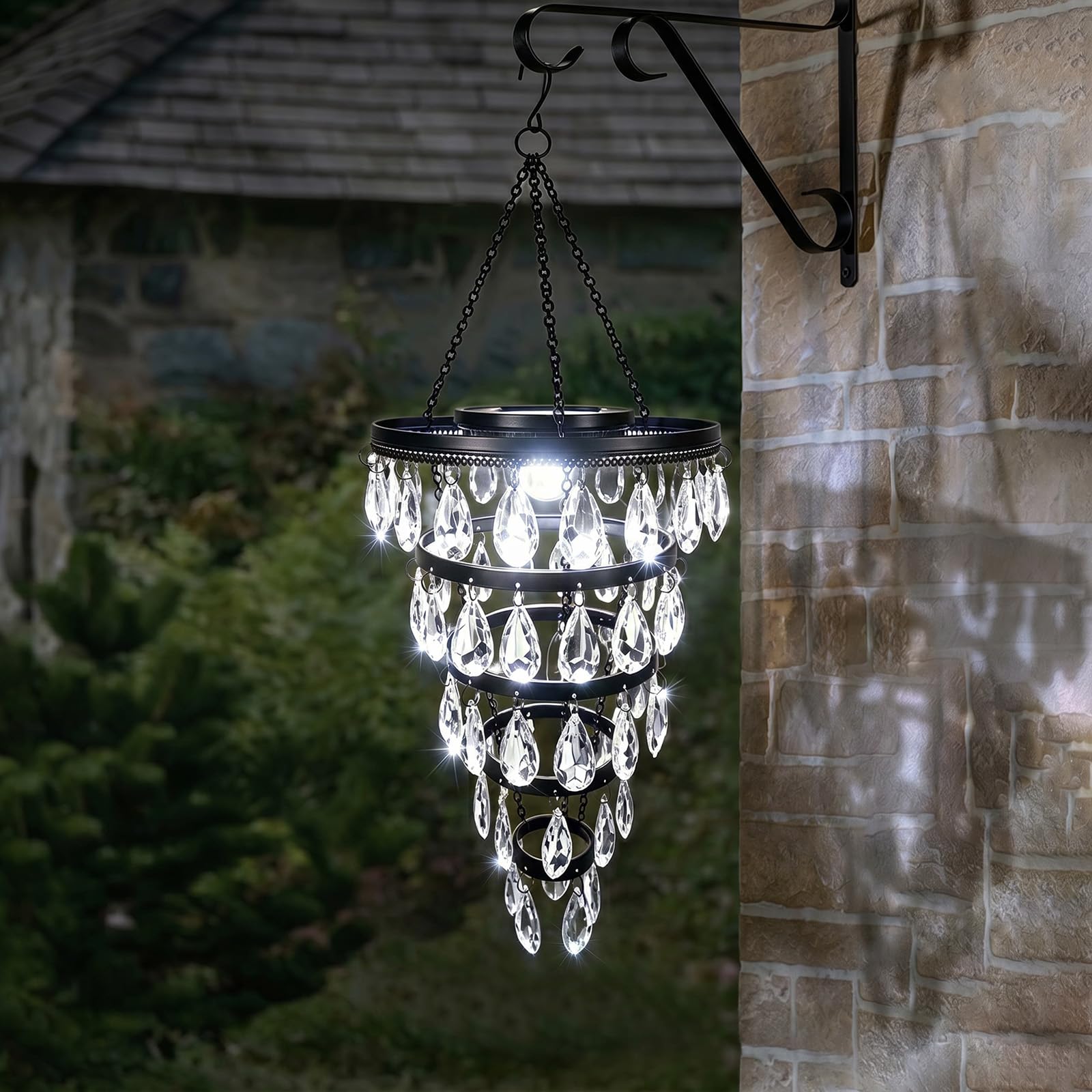 Taylor & Brown Solar Hanging Chandelier Light, Outdoor Crystal Drop Pendant Lantern with Acrylic Teardrop Prisms, Waterproof Solar Powered Gazebo Patio Pergola Garden Decoration 27" High