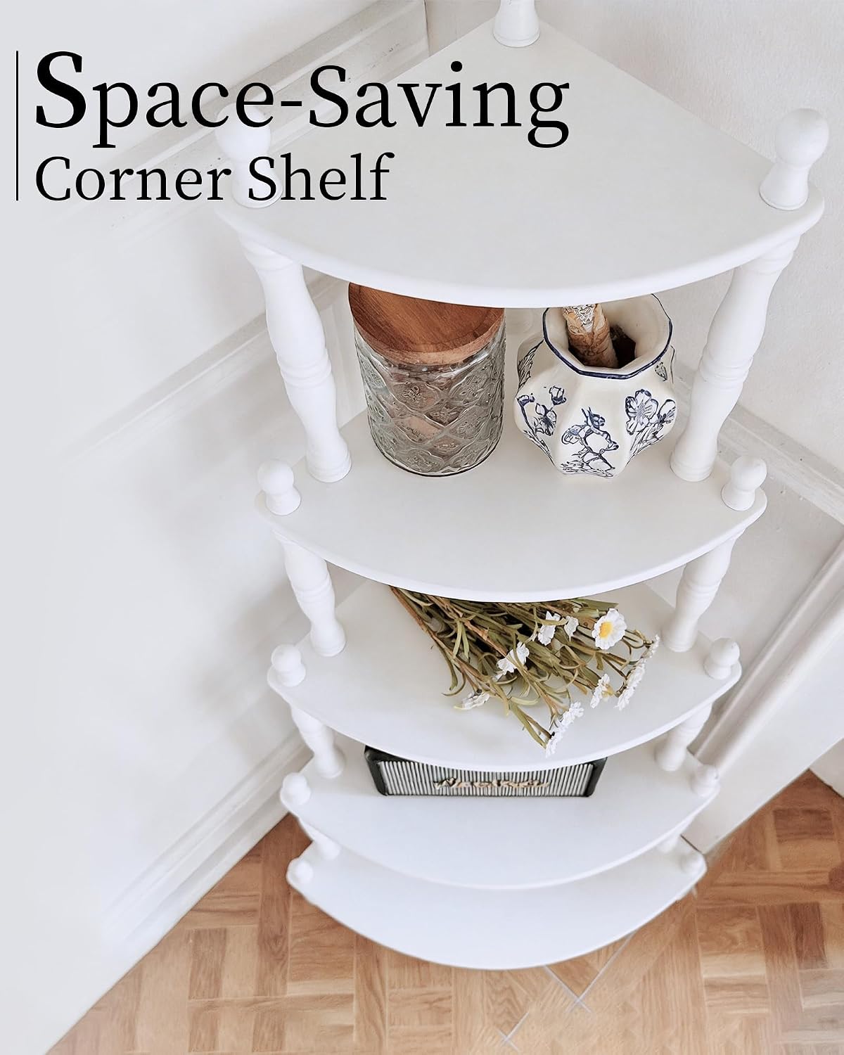 Vintage Corner Shelf, 5-Tier Corner Bookshelf, Antique French, White image 5