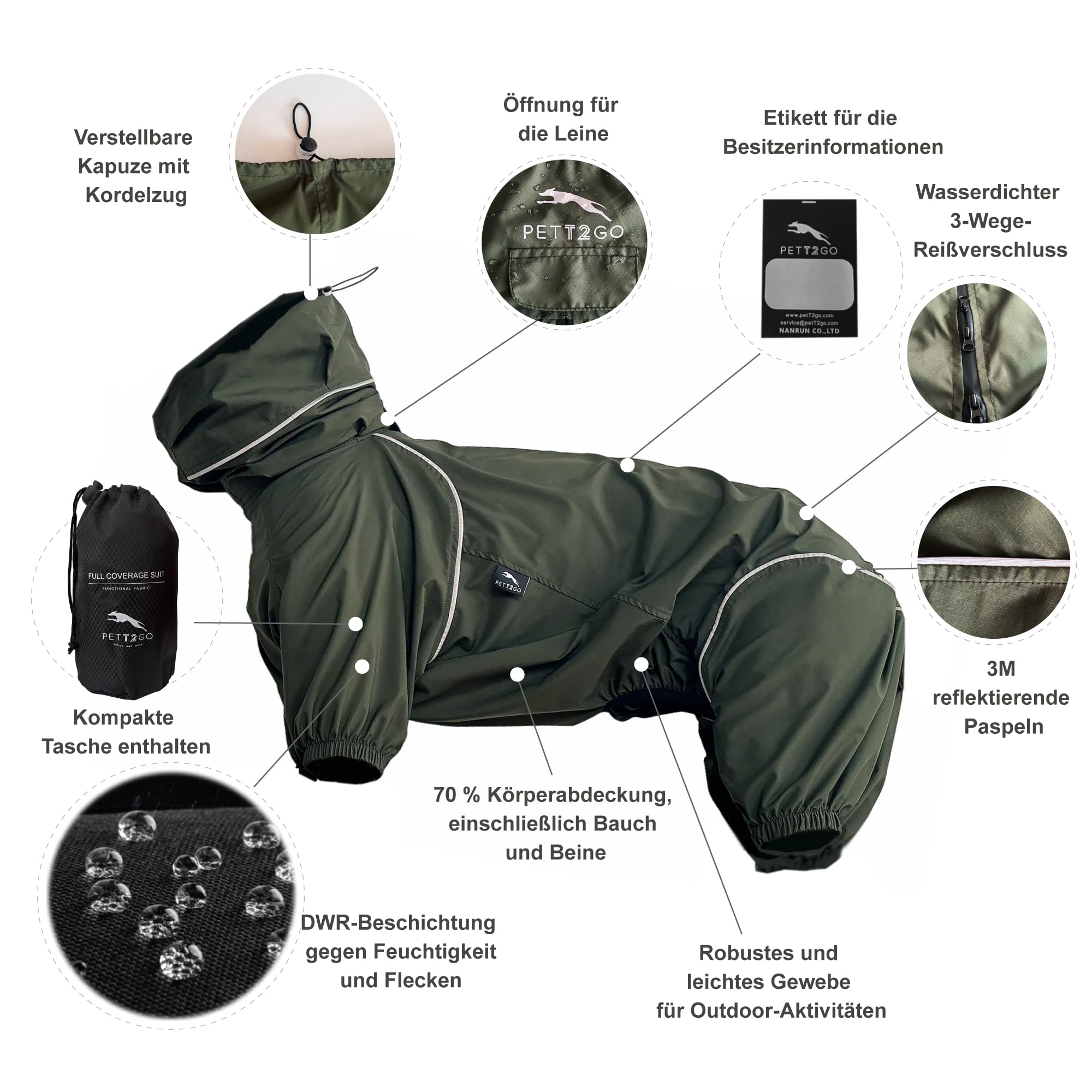 Windjacke, leicht, für Hunde, Mantel mit Beinen, mit Kapuze, Loch für Leine, reflektierend, kompakt – Dunkel Olivgrün-XL (Rüde)