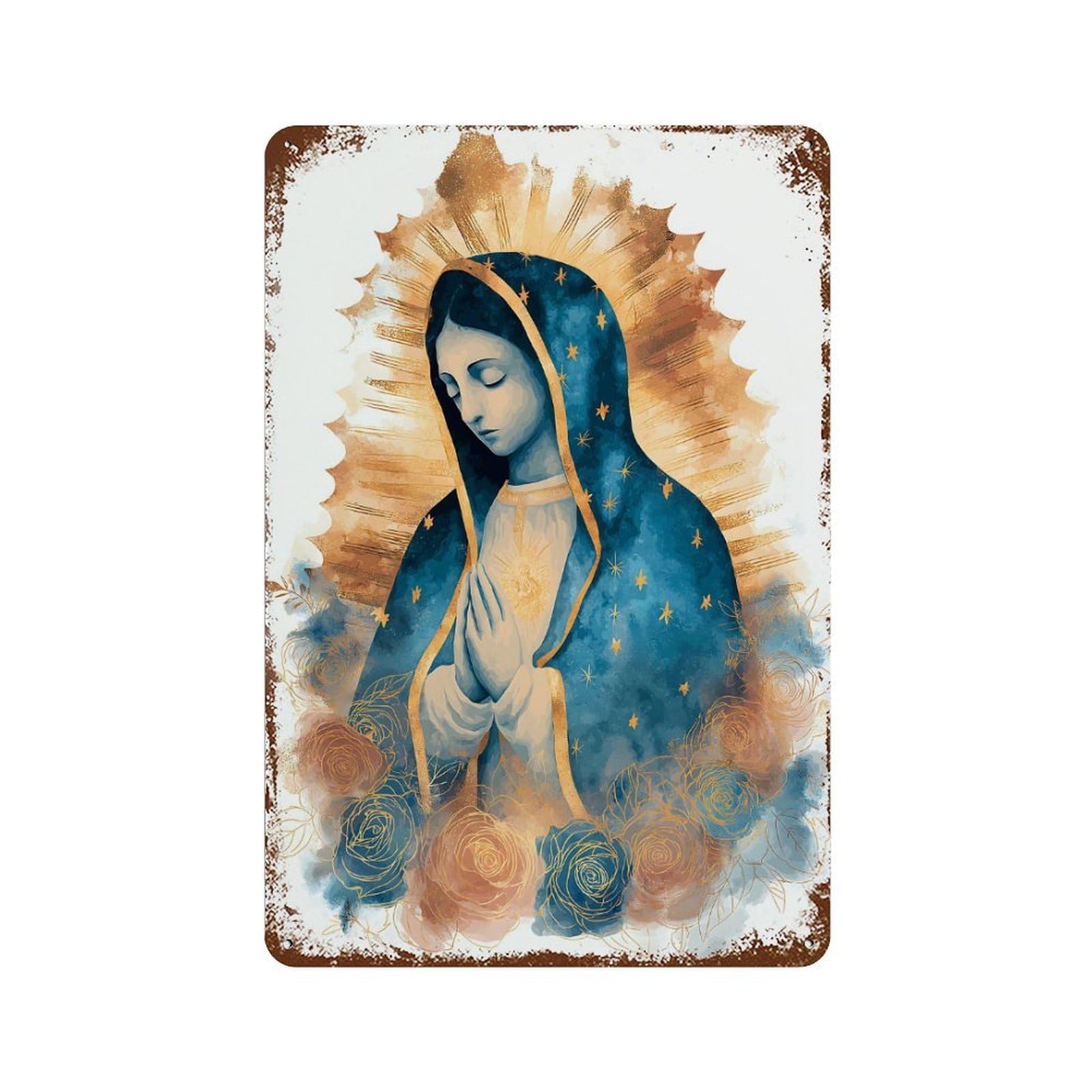 Garage Style Our Lady of Guadalupe Watercolor Art Aged Metal Wall Plaque 11.8"x7.9", Industrial Home Decor for Bar And Workshop
