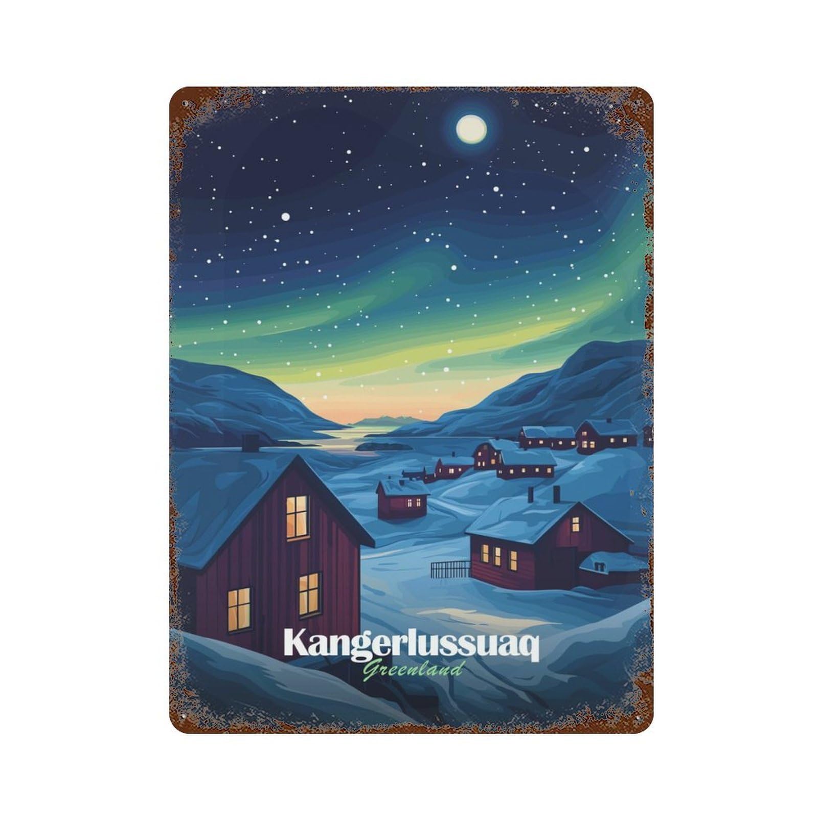 Greenland Village Night Rusty Metal Tin Sign 15.7"x11.8", Classic Wall Plaque for Pub, Kitchen And Man Cave Decor