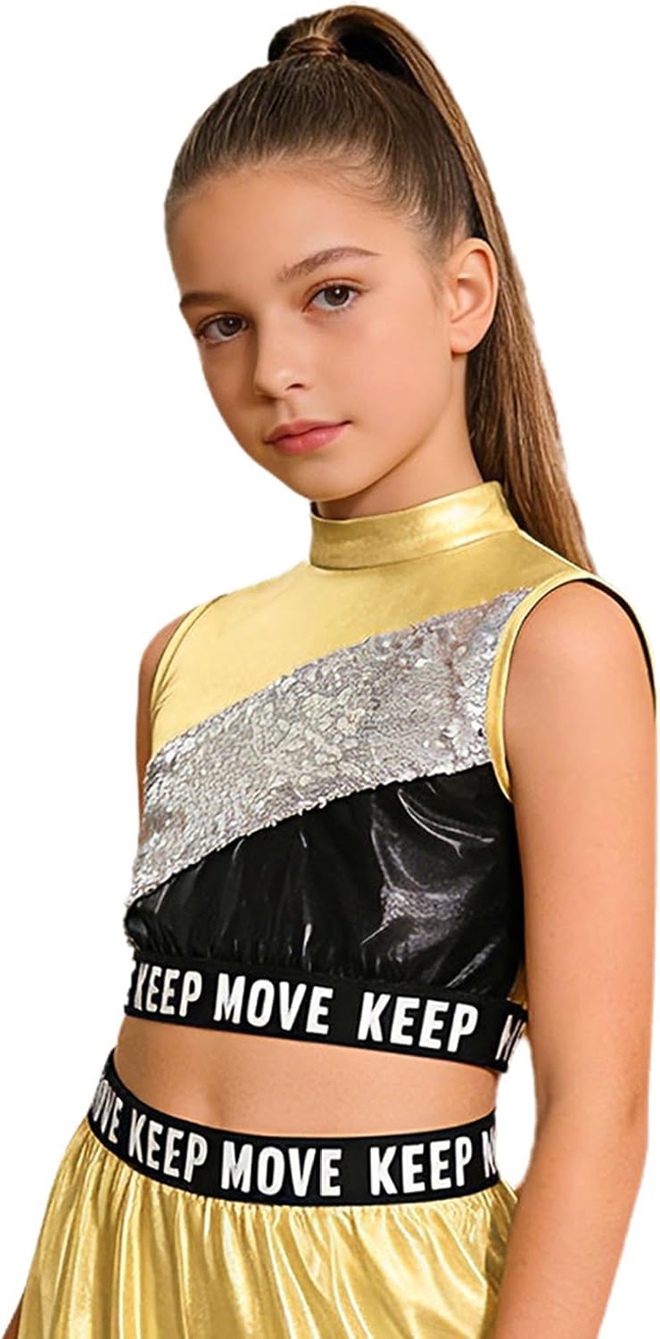 Jugaoge Kids Girls Shiny Metallic Mock Neck Crop Tank Top Sleeveless Ballet Gymnastics Sports Vest