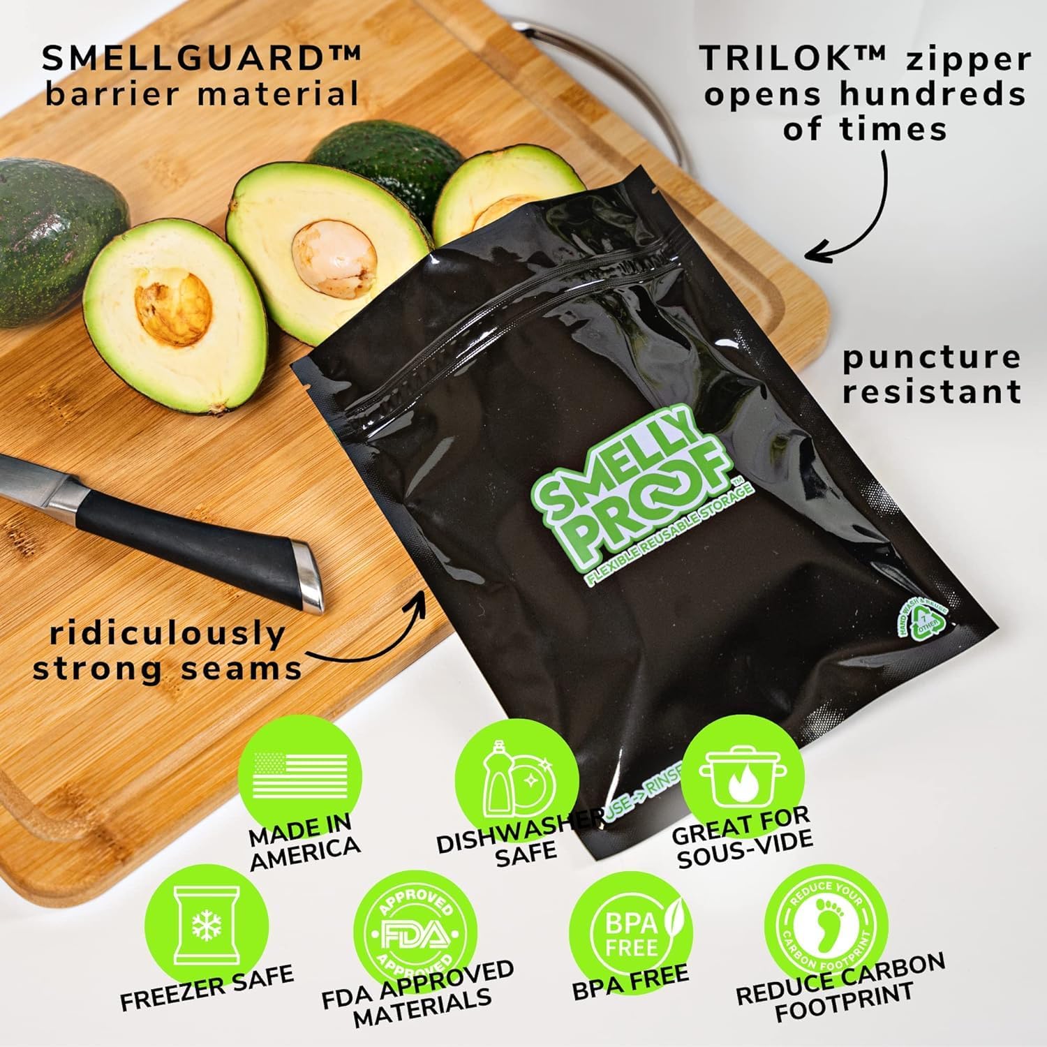 Smelly Proof Reusable Food Storage Bags, Black 4-Mil Thick, Heavy Duty Reusable Snack Bags, Reusable Freezer Bags, BPA-Free, No PEVA, Non-Silicone, 6.5” x 7.5”, 50-Pack