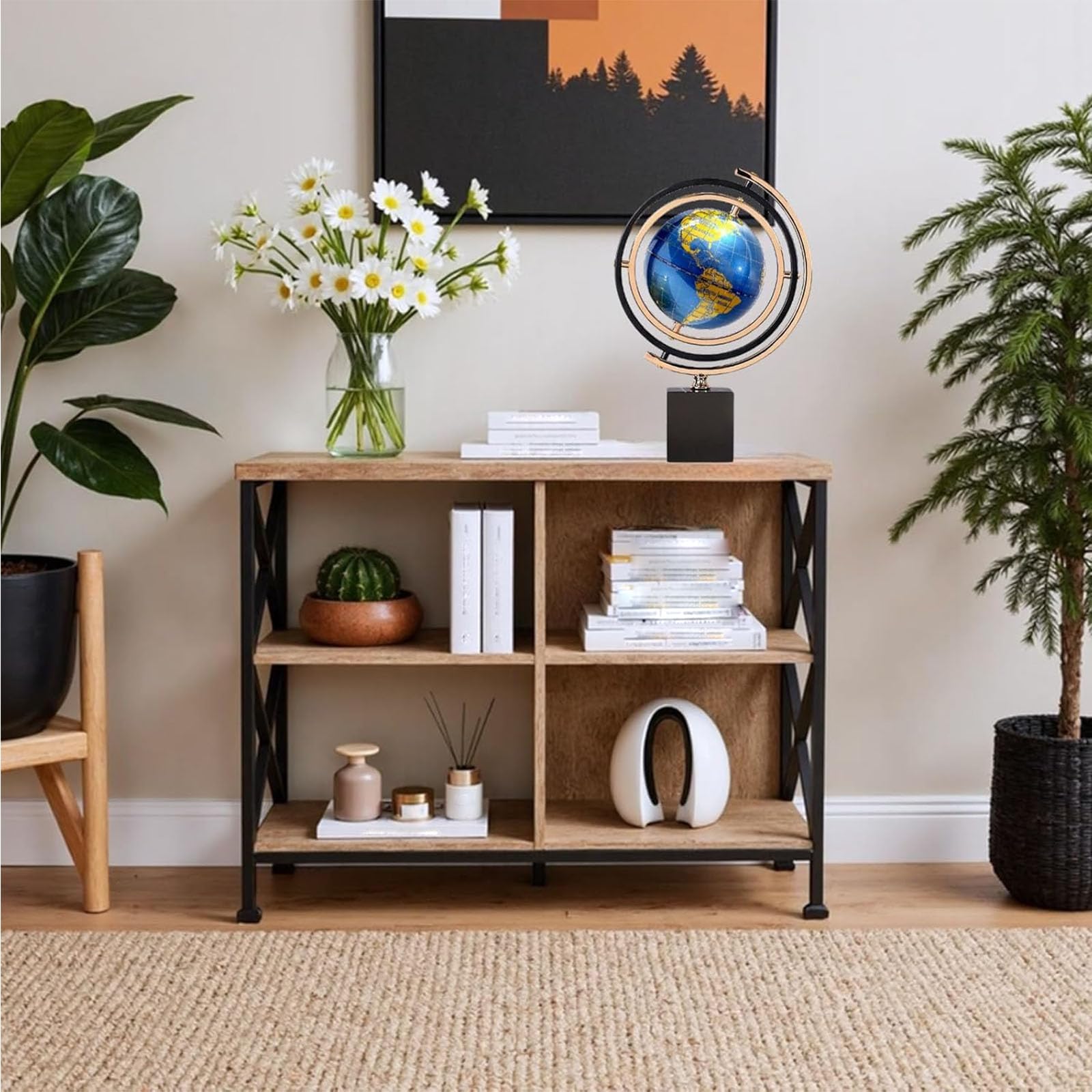 Decorazione Artistica Moderna Astratta Globo in Metallo con Base Rettangolare Stand Oro e Nero,Decorazione Per Scrivania per Casa e UfficiCo (Globo blu)